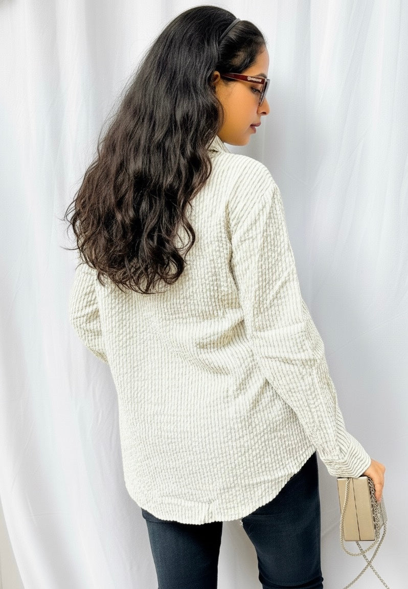 GREY AND WHITE STRIPES TEXTURED COTTON SHIRT WITH EMBELLISHMENTS BESU INDIA