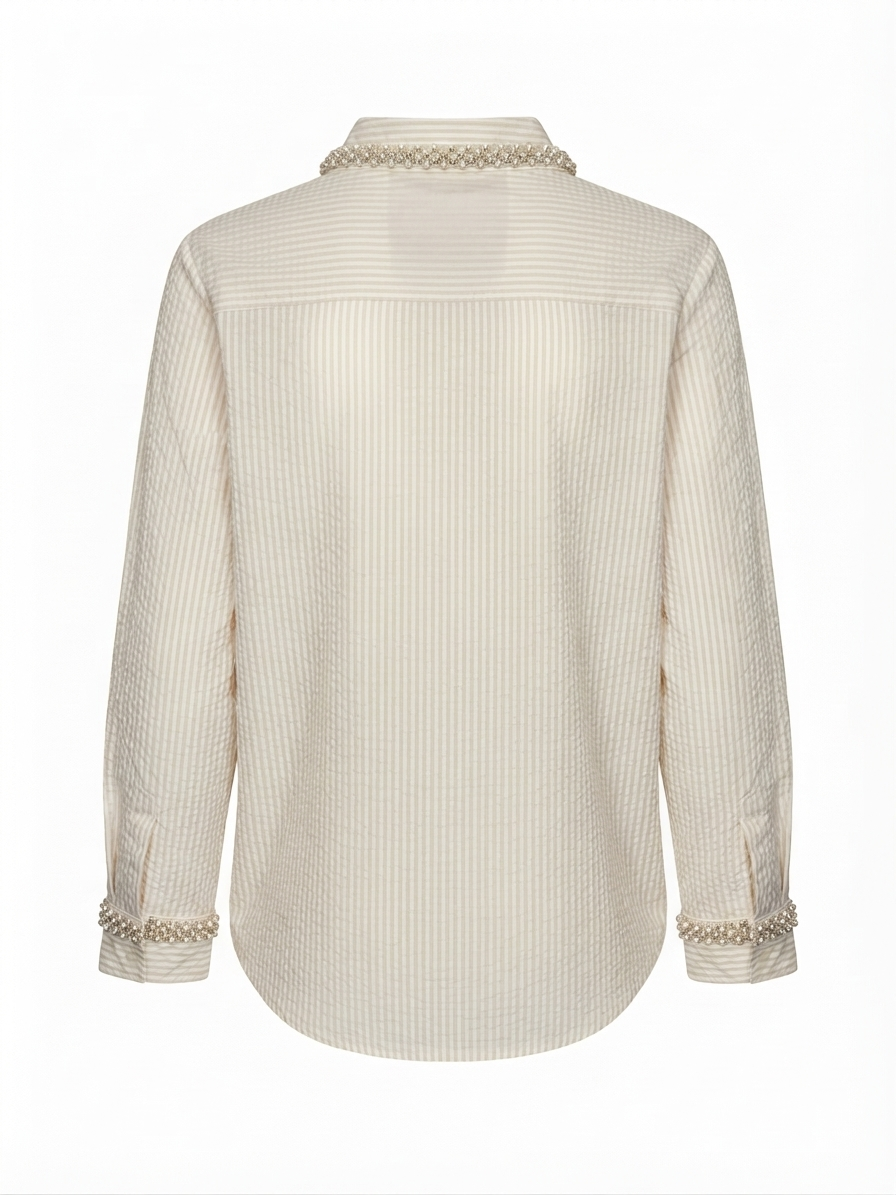 BEIGE STRIPED SHIRT WITH EMBROIDERED COLLAR AND CUFFS BESU INDIA
