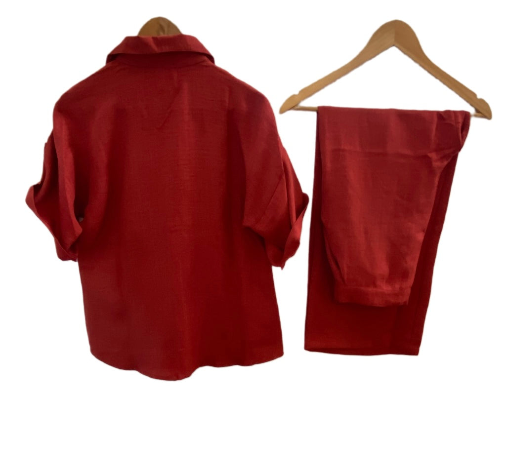 DEEP BURNT ORANGE CO-ORD SET WITH GOLD BUTTONS BESU INDIA