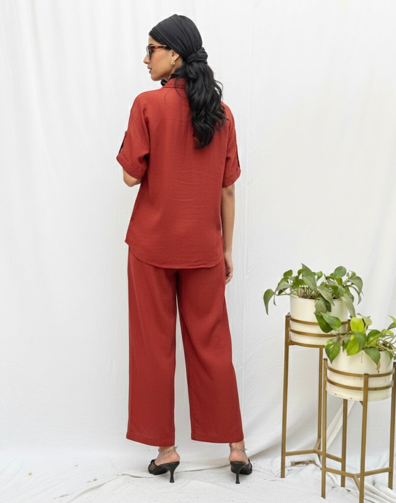 DEEP BURNT ORANGE CO-ORD SET WITH GOLD BUTTONS BESU INDIA