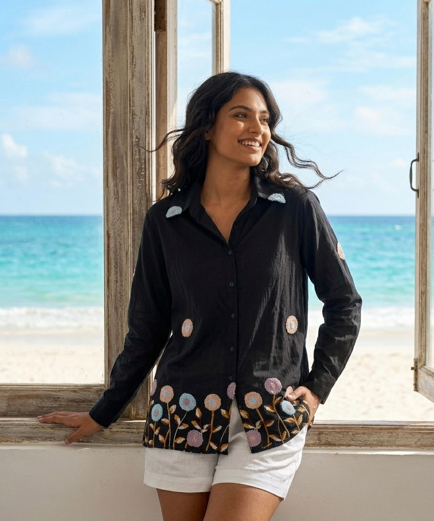 ARTISANAL BLOOM BLACK LINEN BLEND SHIRT BESU INDIA