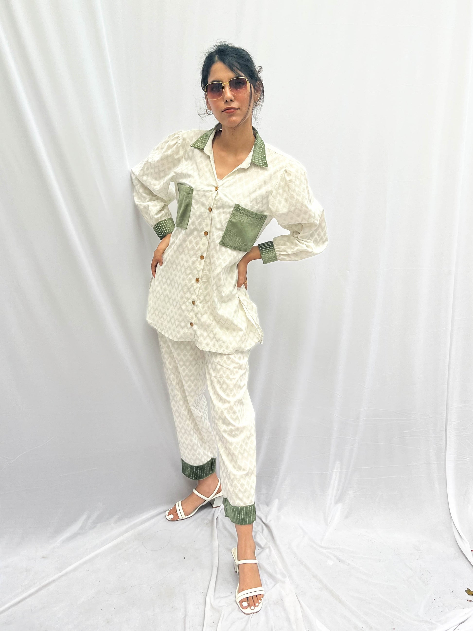 GREEN SUEDE PATCH WORKED - TEXTURED COTTON CO-ORD BESU INDIA