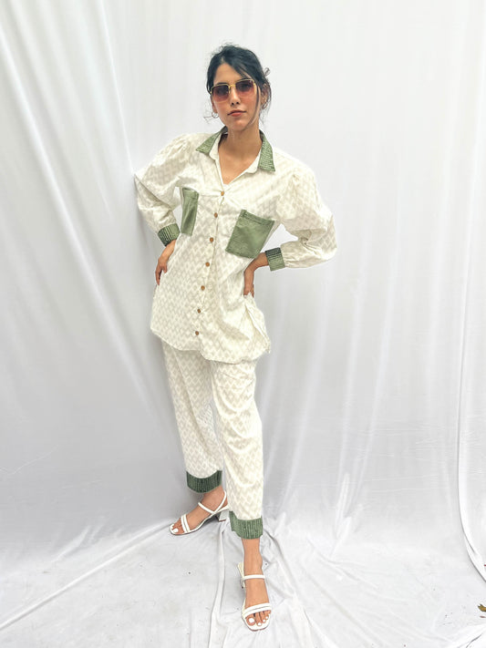 GREEN SUEDE PATCH WORKED - TEXTURED COTTON CO-ORD BESU INDIA
