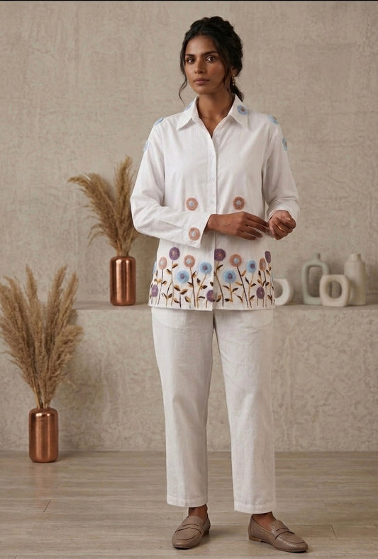 ARTISANAL BLOOM WHITE LINEN BLEND SHIRT BESU INDIA