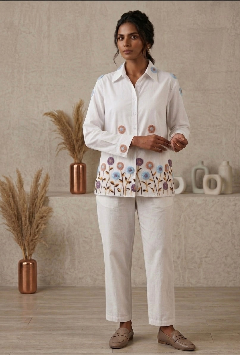 ARTISANAL BLOOM WHITE LINEN BLEND SHIRT BESU INDIA