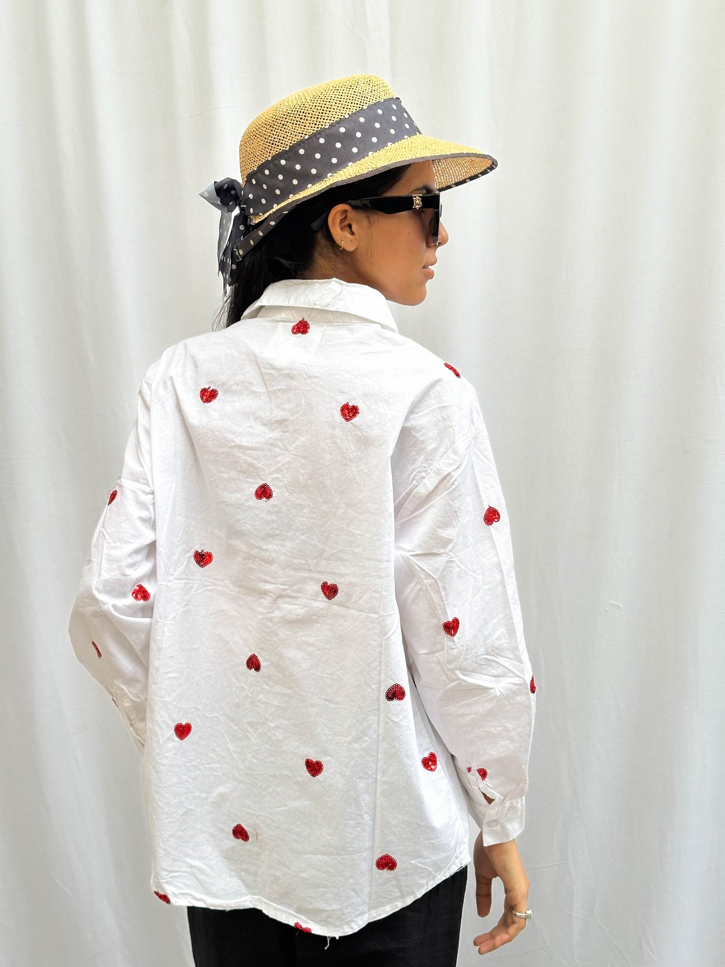 COTTON WHITE SHIRT WITH HEART SEQUINS EMBROIDERY BESU INDIA