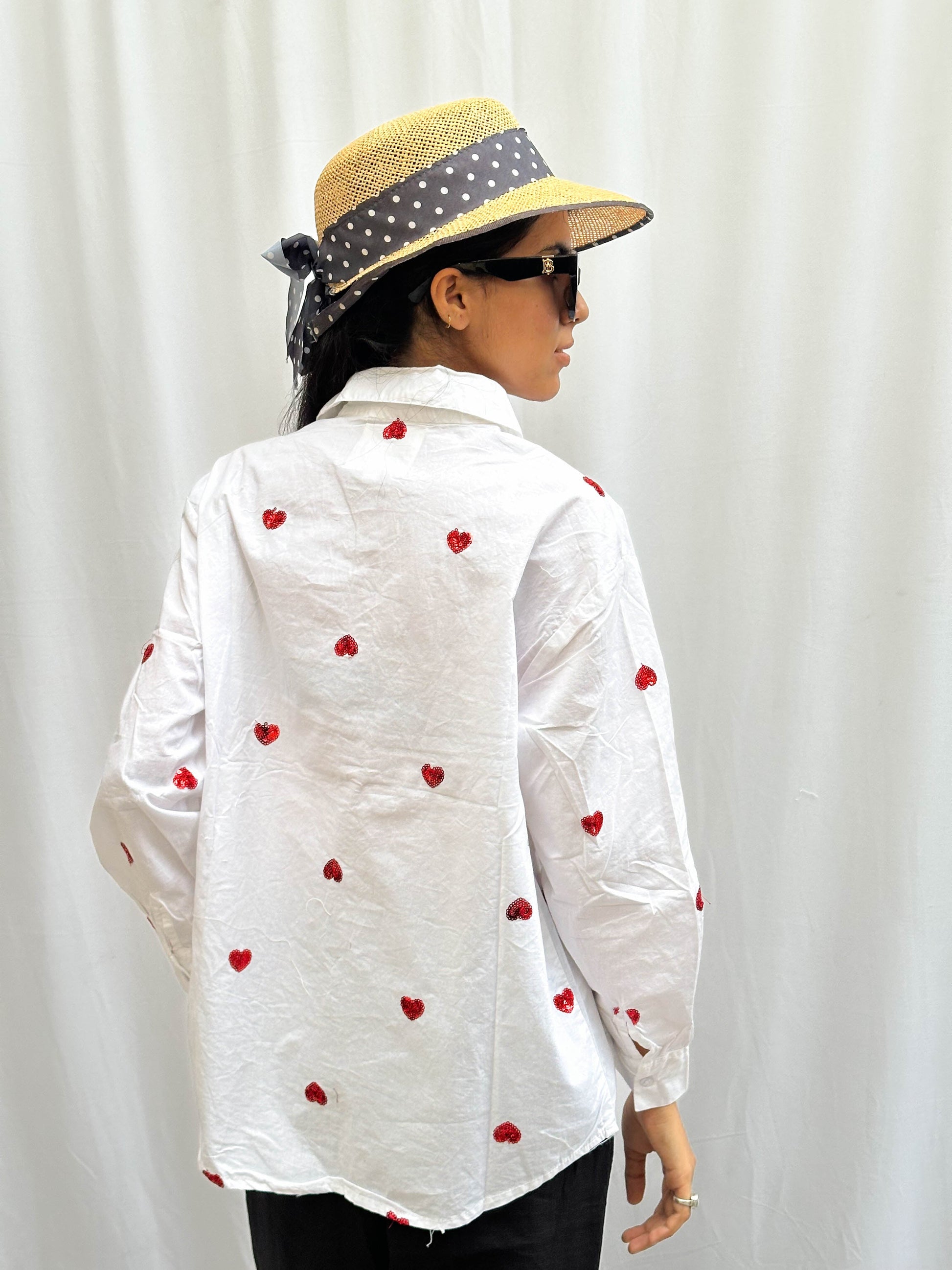 COTTON WHITE SHIRT WITH HEART SEQUINS EMBROIDERY BESU INDIA
