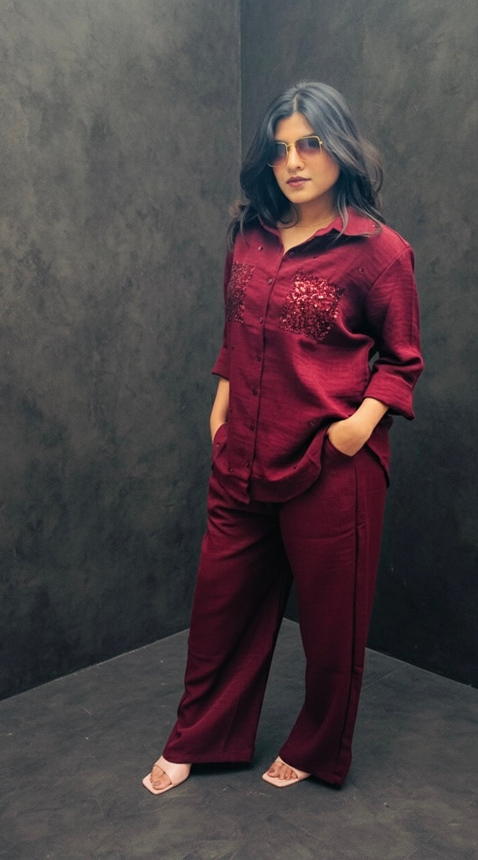 WINE RED LINEN CO-ORDS WITH SEQUINS POCKETS BESU INDIA