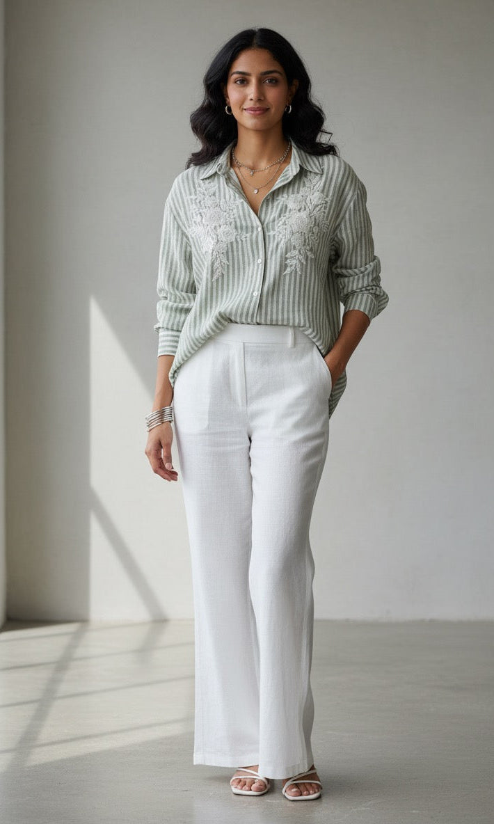 LIGHT SAGE GREEN AND WHITE STRIPED COTTON SHIRT BESU INDIA
