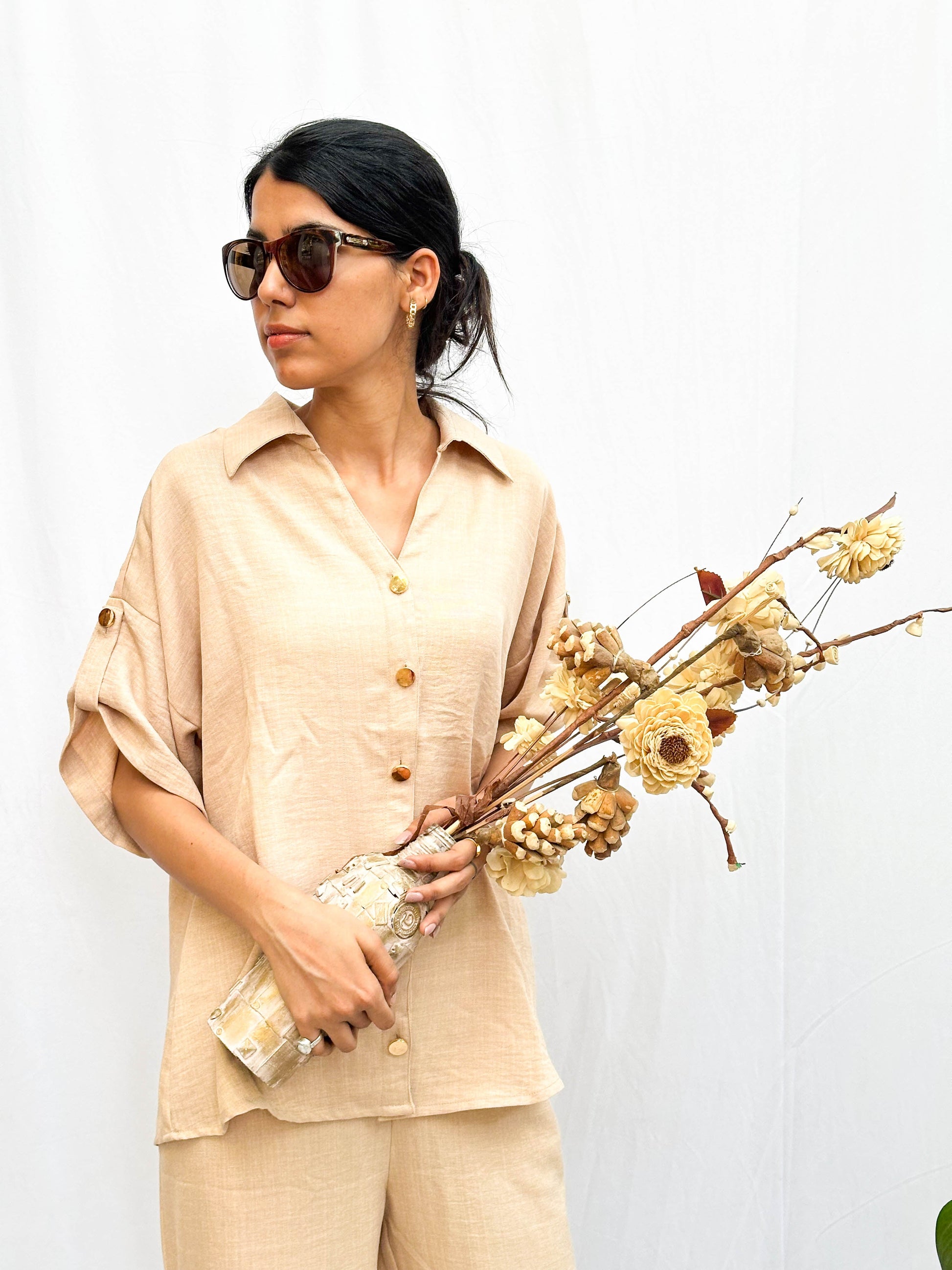 BEIGE SOFT COTTON CO-ORDS WITH SIGNATURE GOLD BUTTONS BESU INDIA