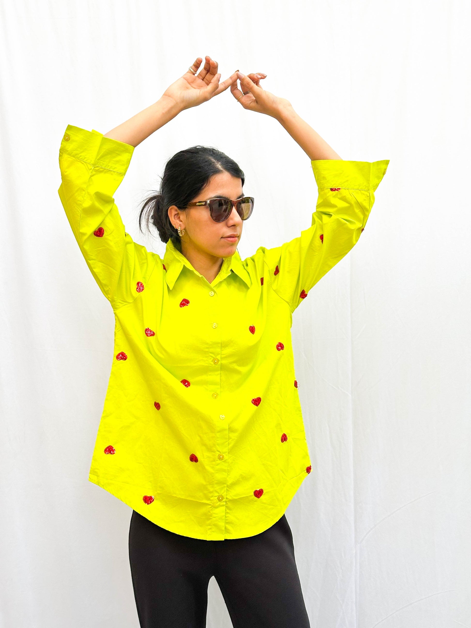 NEON GREEN HEART EMBROIDERED COTTON SHIRT BESU INDIA