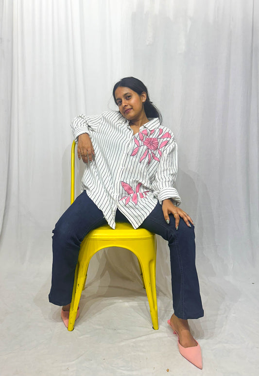 BLACK AND WHITE STRIPED COTTON SHIRT WITH PATCHWORK BESU INDIA