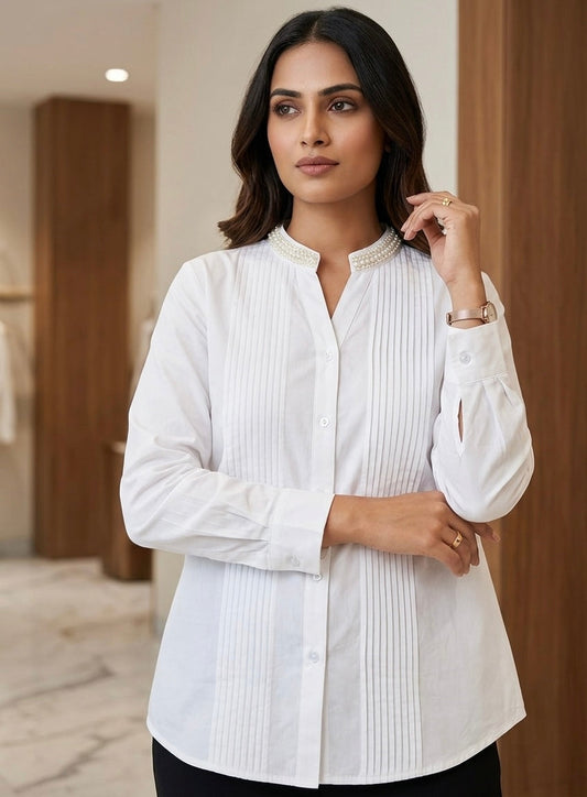 THE PEARL ACCENT PINTUCK WHITE SHIRT BESU INDIA