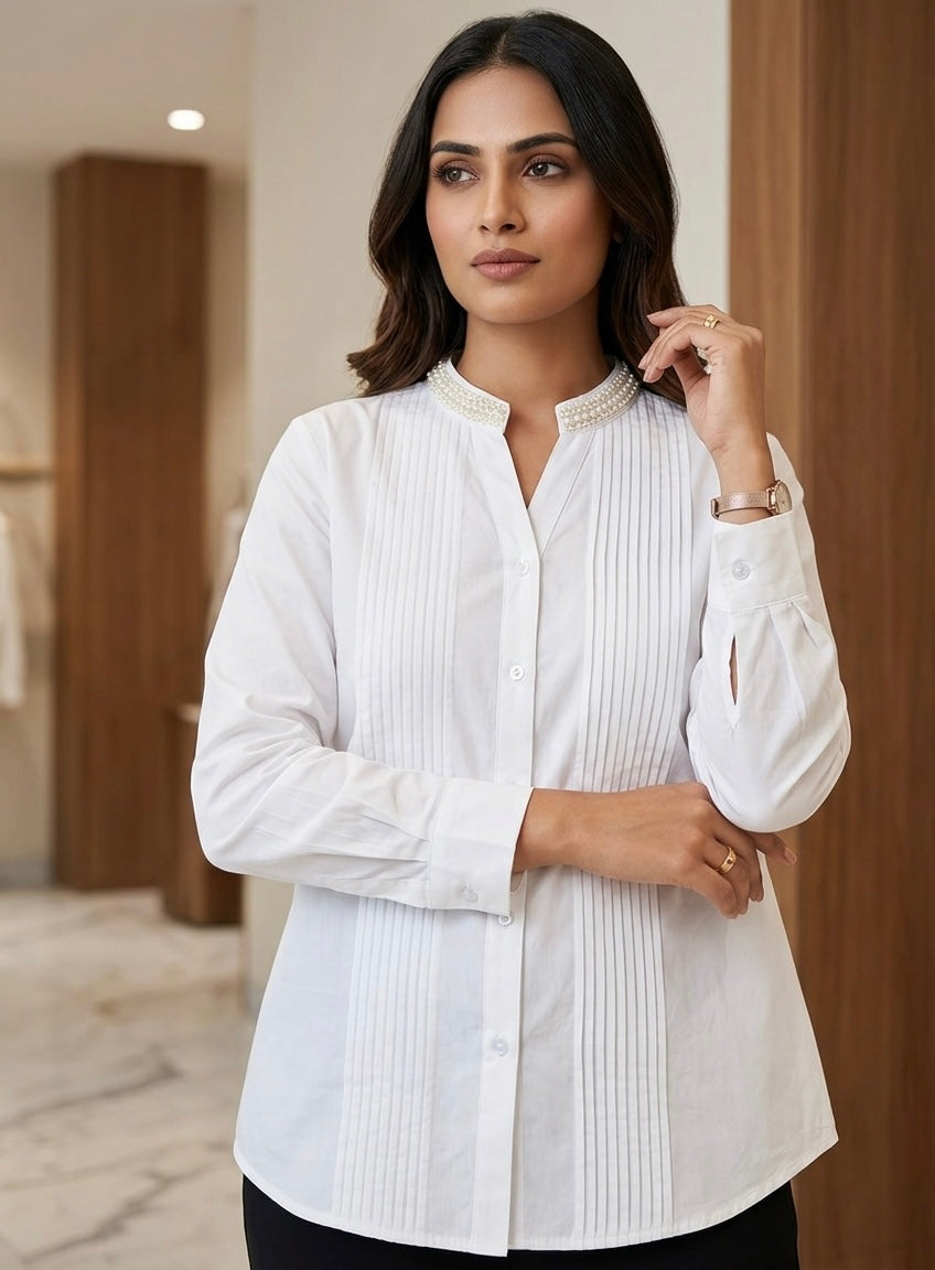 THE PEARL ACCENT PINTUCK WHITE SHIRT BESU INDIA