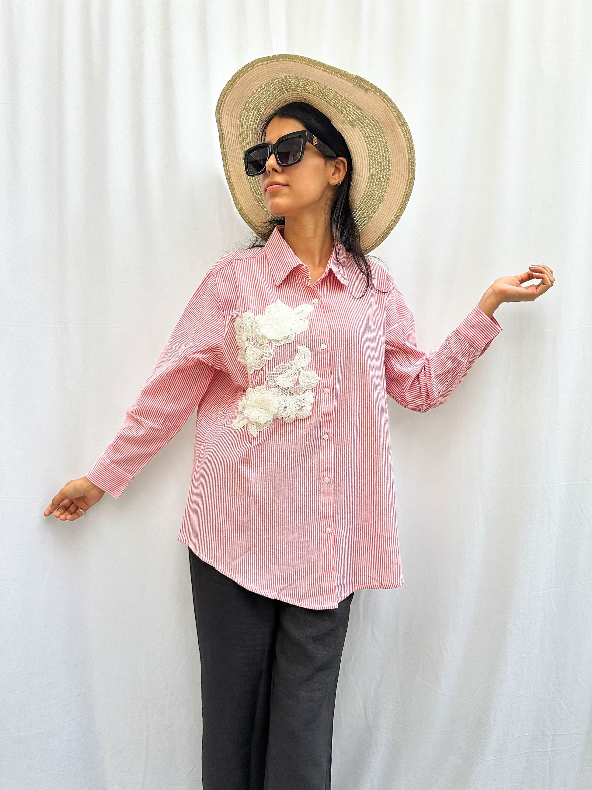 RED STRIPED COTTON SHIRT WITH PEARL EMBROIDERED PATCHWORK BESU INDIA