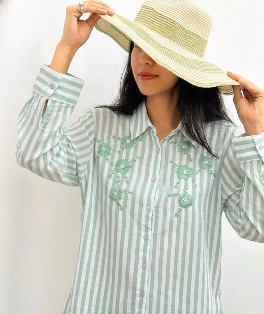 MINT GREEN STRIPED SHIRT WITH FLORAL EMBROIDERY BESU INDIA