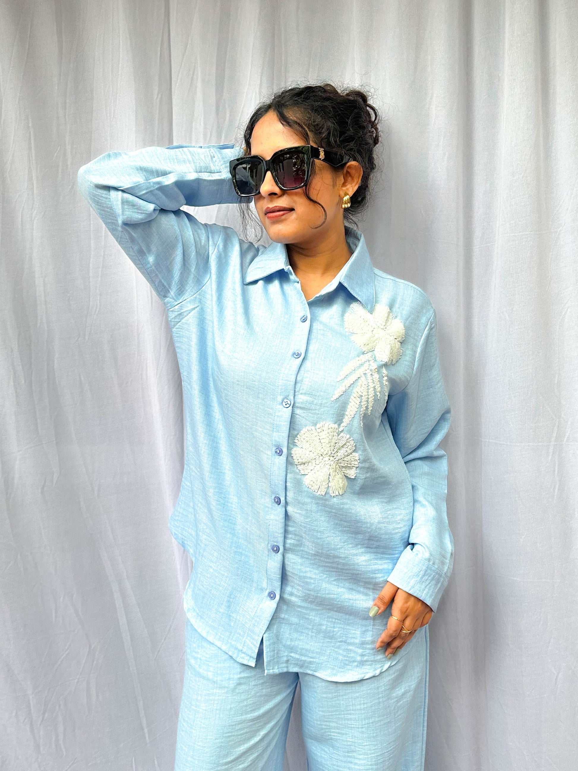 BLUE SOFT COTTON LINEN CO-ORDS WITH PATCHWORK WHITE SEQUINS EMBROIDERY BESU INDIA