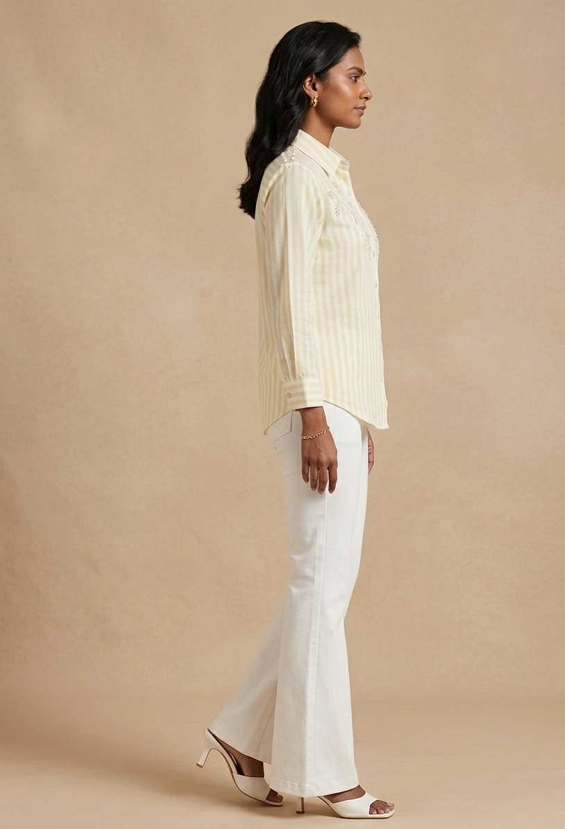 YELLOW STRIPED SHIRT WITH BEADED EMBROIDERY BESU INDIA