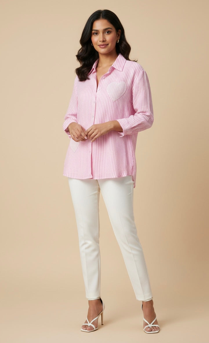 WHITE AND PINK STRIPED SHIRT WITH HEART PATCHWORK