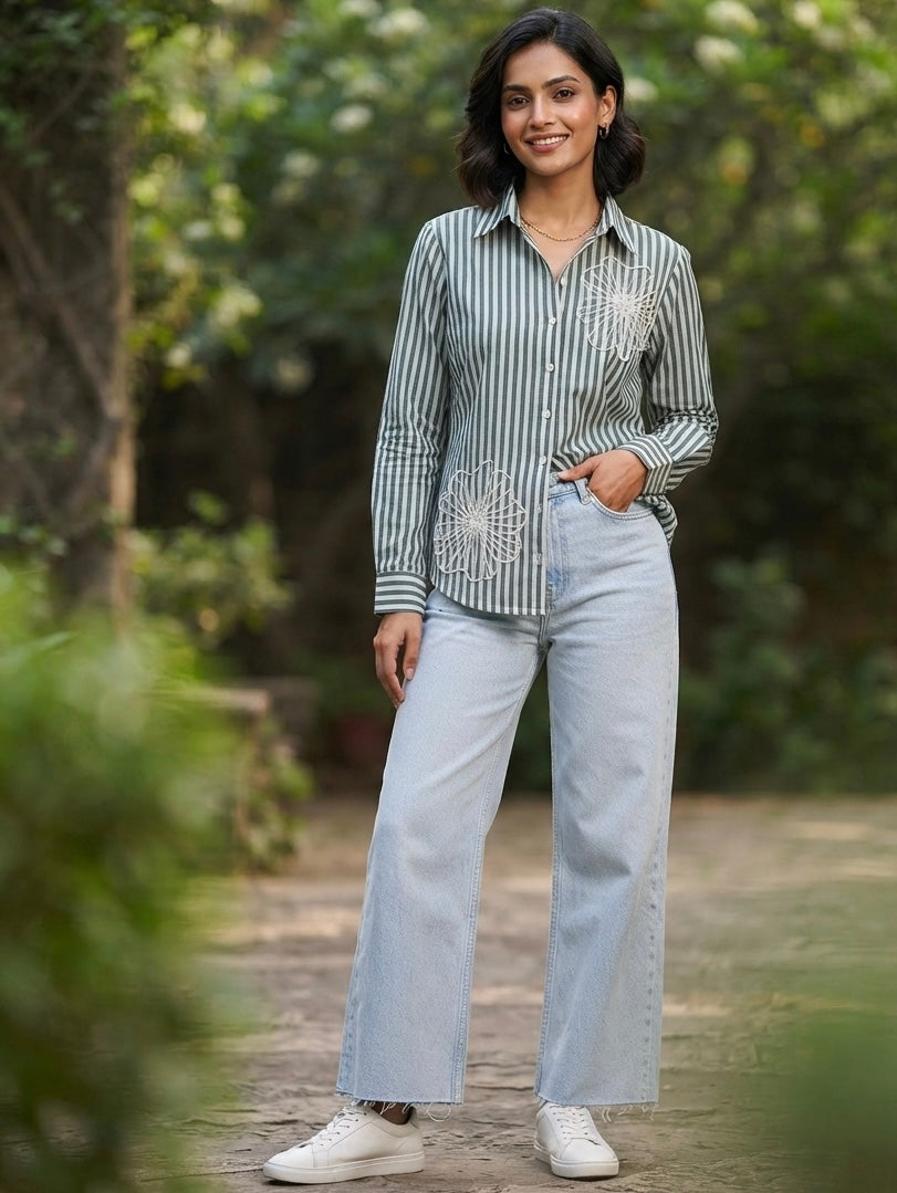 GREEN AND WHITE STRIPED SHIRT WITH PEARL BEADS EMBROIDERY BESU INDIA