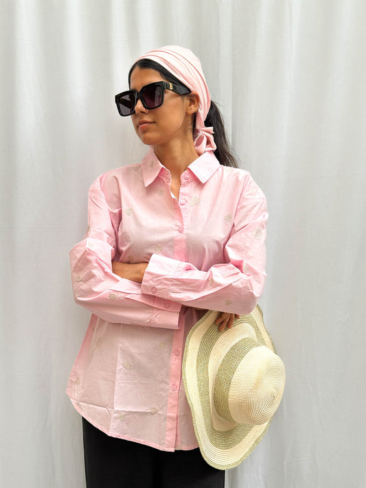 LIGHT PINK COTTON SHIRT WITH GOLD EMBROIDERED HEARTS BESU INDIA