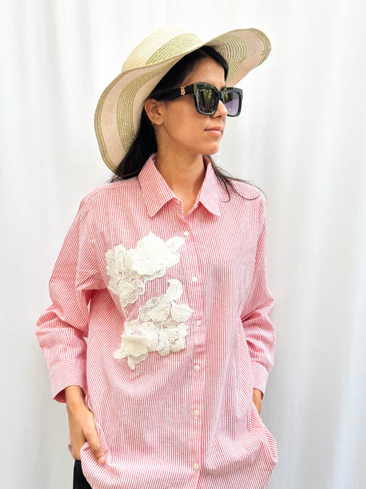 RED STRIPED COTTON SHIRT WITH PEARL EMBROIDERED PATCHWORK BESU INDIA