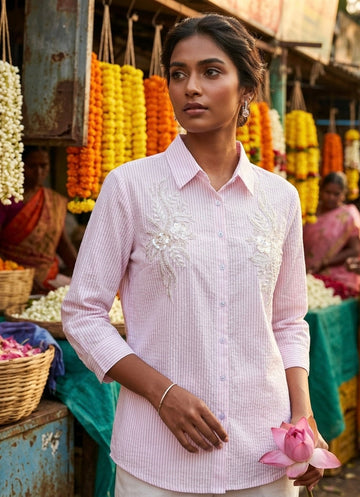 PINK AND WHITE STRIPED SHIRT WITH FLORAL EMBROIDERY BESU INDIA