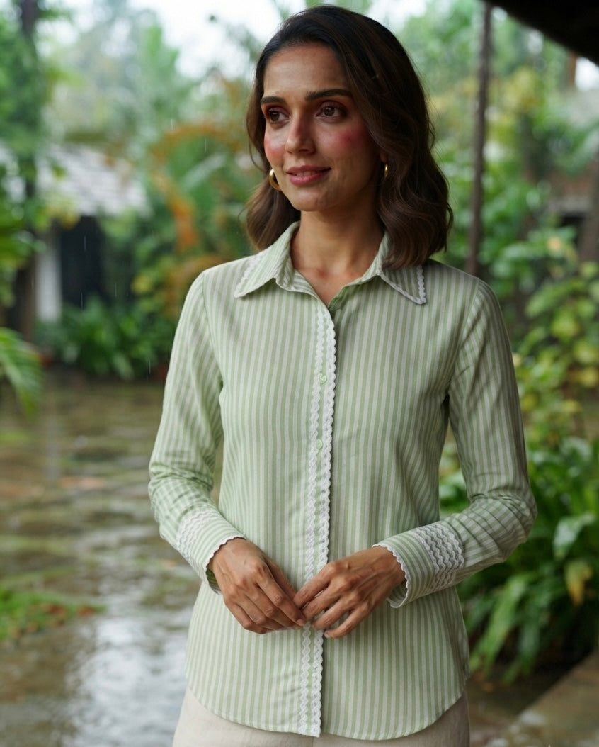 THE SAGE SCALLOP-TRIM STRIPE SHIRT BESU INDIA