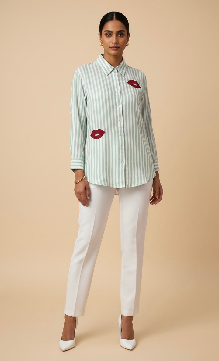 LIGHT GREEN STRIPED SHIRT WITH PATCHWORK