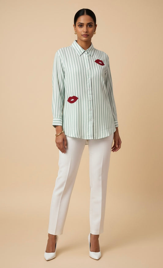 LIGHT GREEN STRIPED SHIRT WITH PATCHWORK