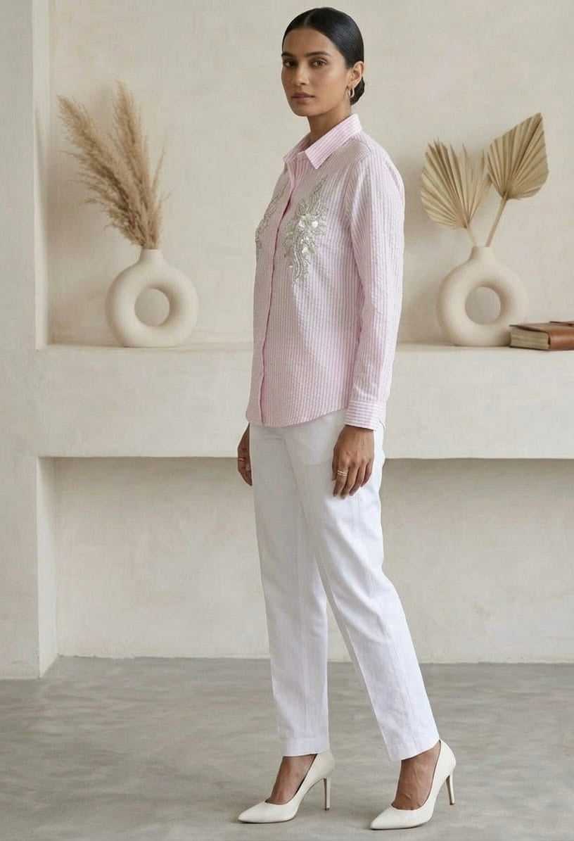 PINK AND WHITE STRIPED SHIRT WITH FLORAL EMBROIDERY BESU INDIA