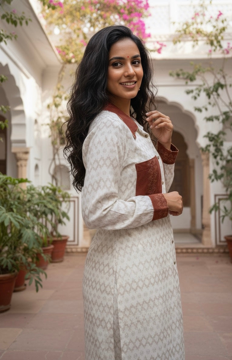 GOLD GEOMETRIC PRINT KURTA CO-ORD SET WITH RUST POCKETS BESU INDIA