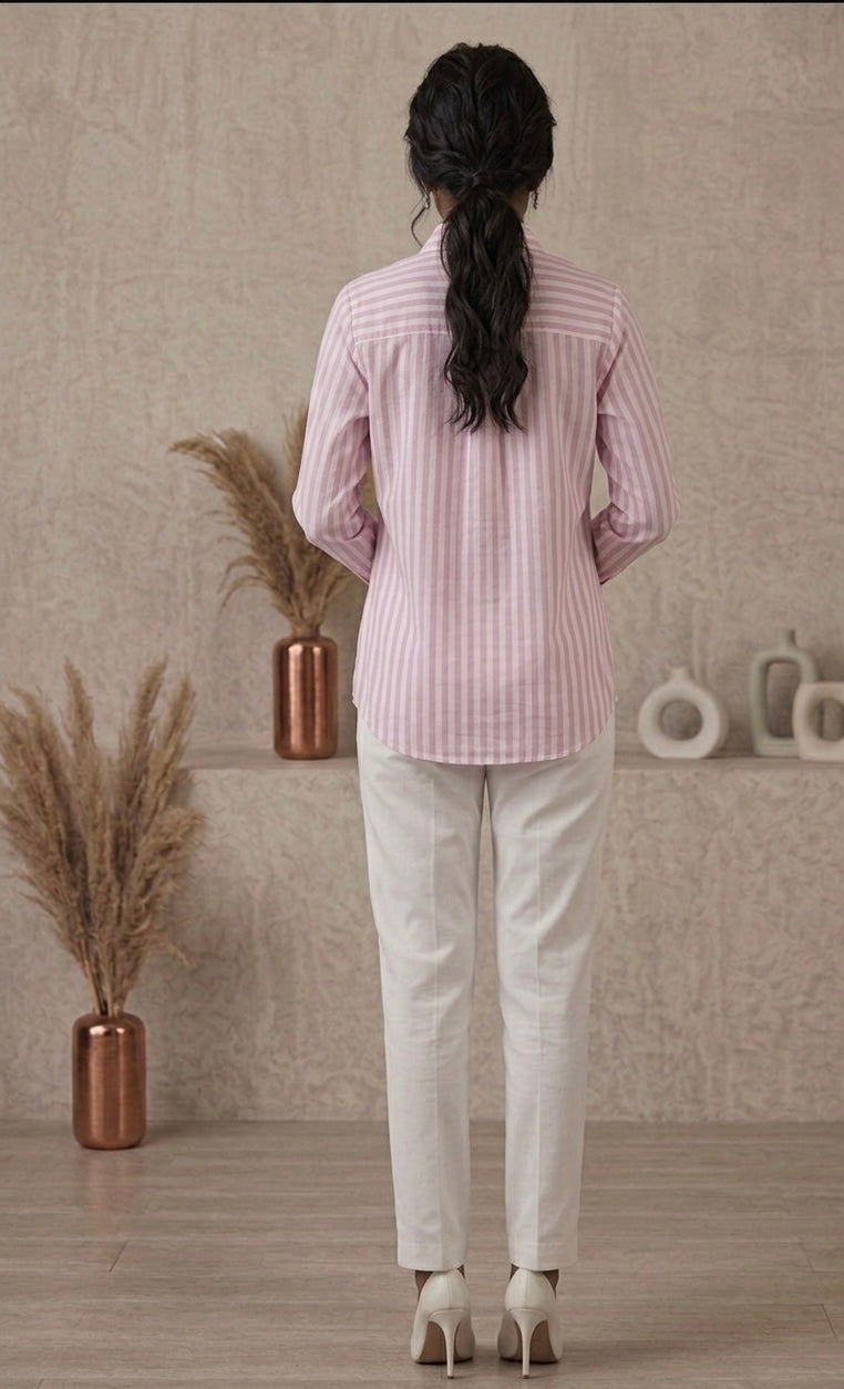 CANDY-PINK STRIPED SHIRT WITH EMBELLISHMENTS BESU INDIA