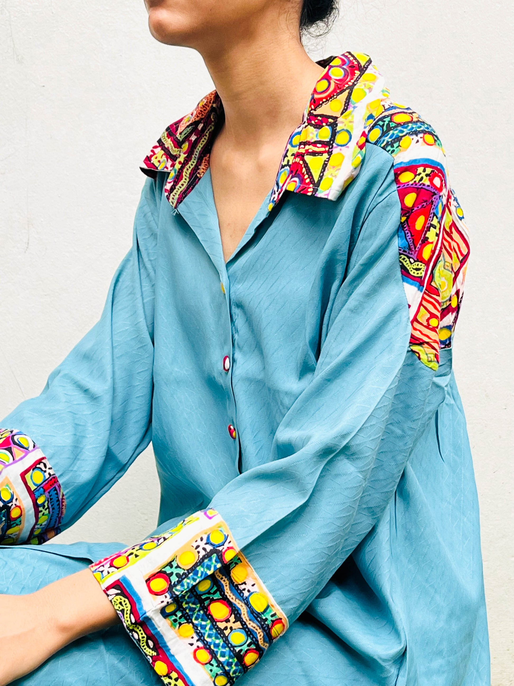 BLUE PATCH WORKED COTTON CO-ORD / KURTA SET BESU INDIA