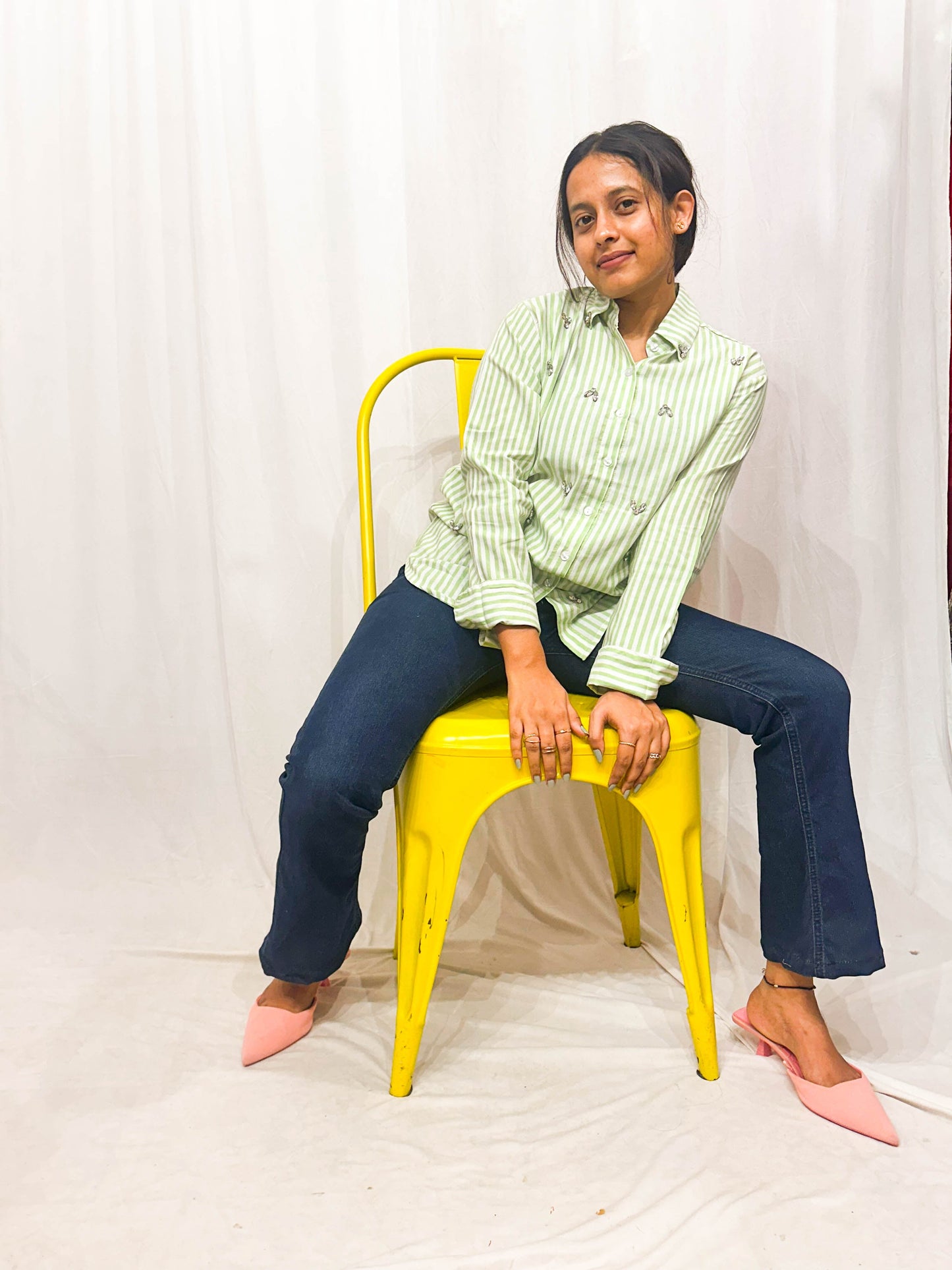 LIGHT GREEN STRIPED EMBELLISHED COTTON SHIRT BESU INDIA