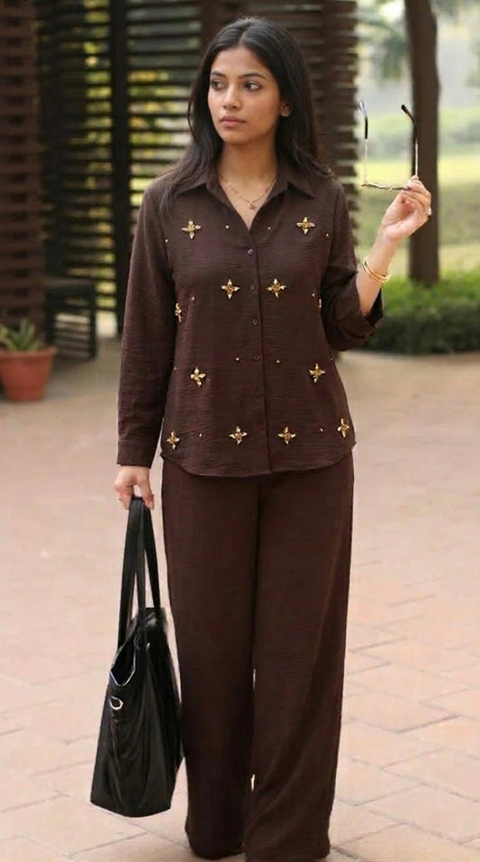 DEEP CHOCOLATE BROWN COTTON EMBELLISHED CLASSIC CO-ORD BESU INDIA