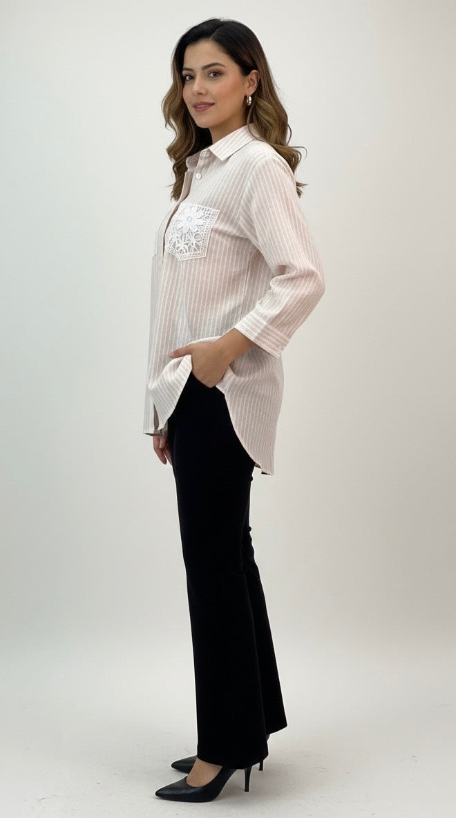 BEIGE AND WHITE STRIPES WITH LACE POCKETS BESU INDIA