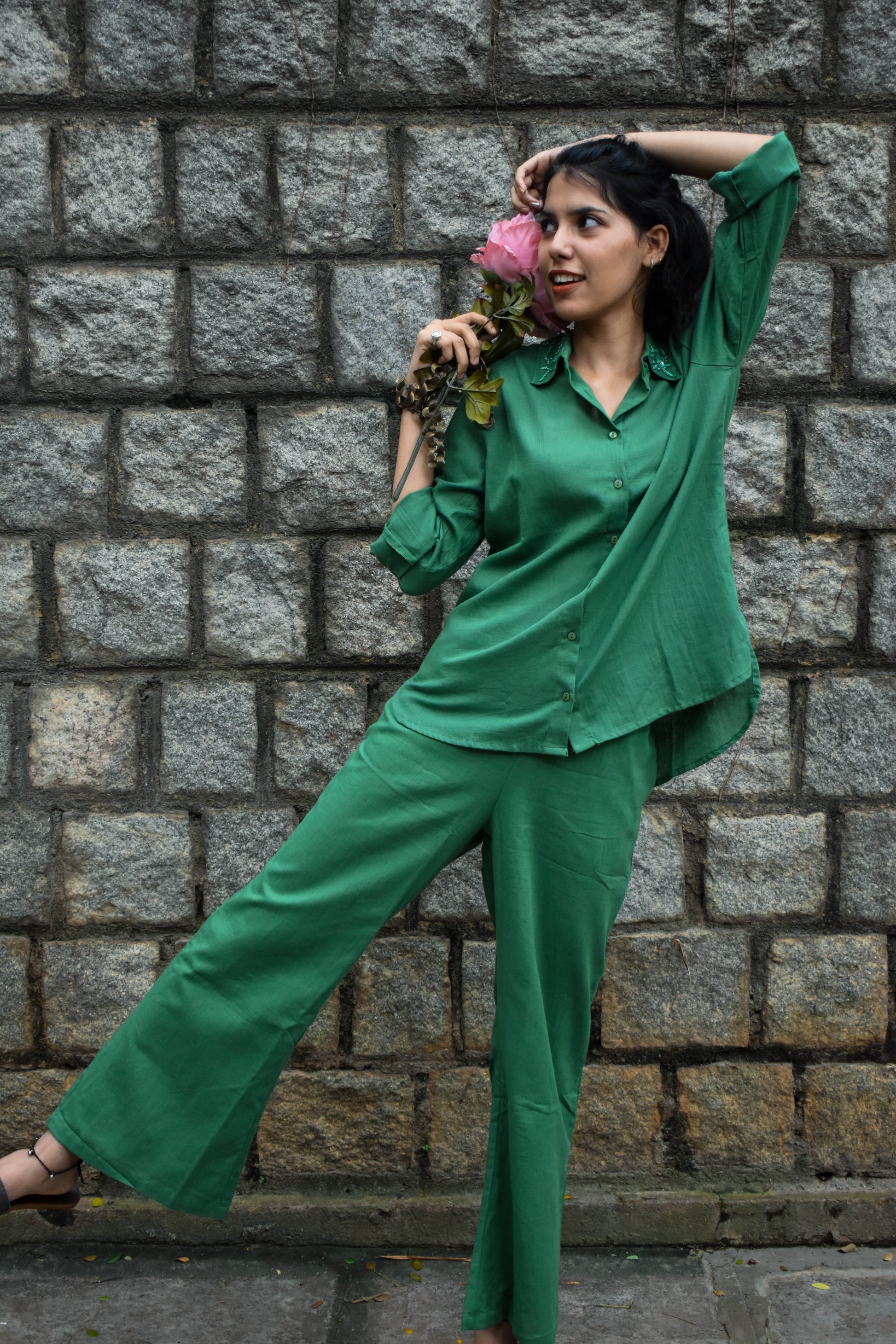 GREEN LINEN CO-ORD SET WITH EMBROIDERED COLLAR BESU INDIA