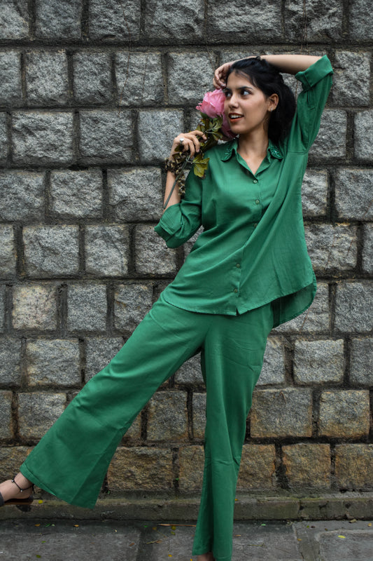 GREEN LINEN CO-ORD SET WITH EMBROIDERED COLLAR BESU INDIA