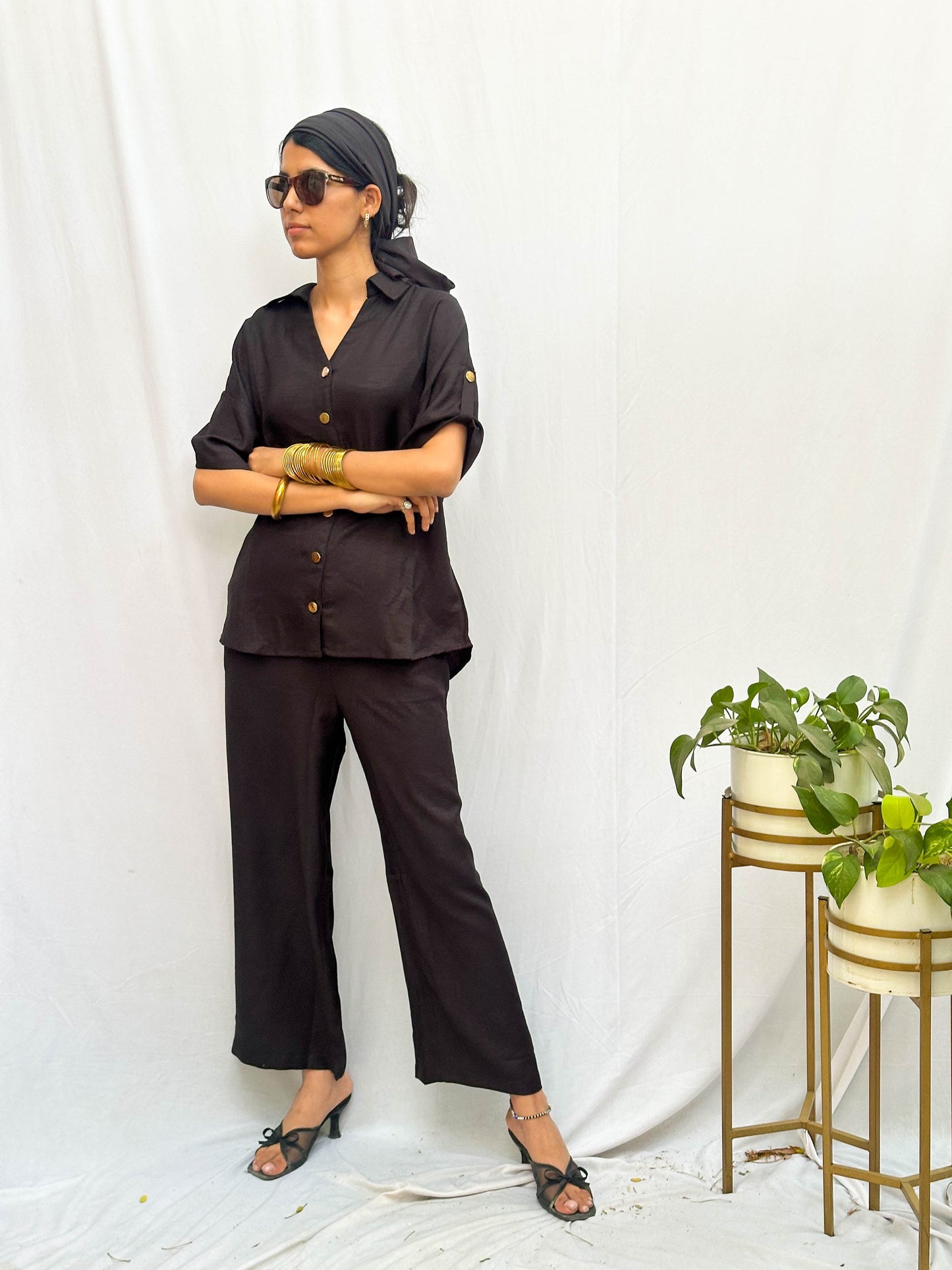 Black Cotton Co-Ord with Signature Gold Buttons BESU INDIA