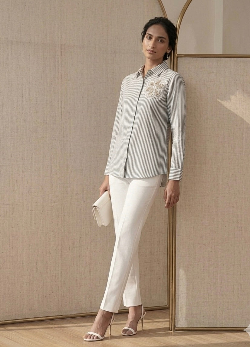 GREY AND WHITE STRIPED SHIRT WITH FLORAL DETAIL BESU INDIA
