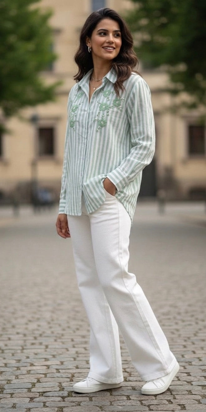 MINT GREEN STRIPED SHIRT WITH FLORAL EMBROIDERY BESU INDIA