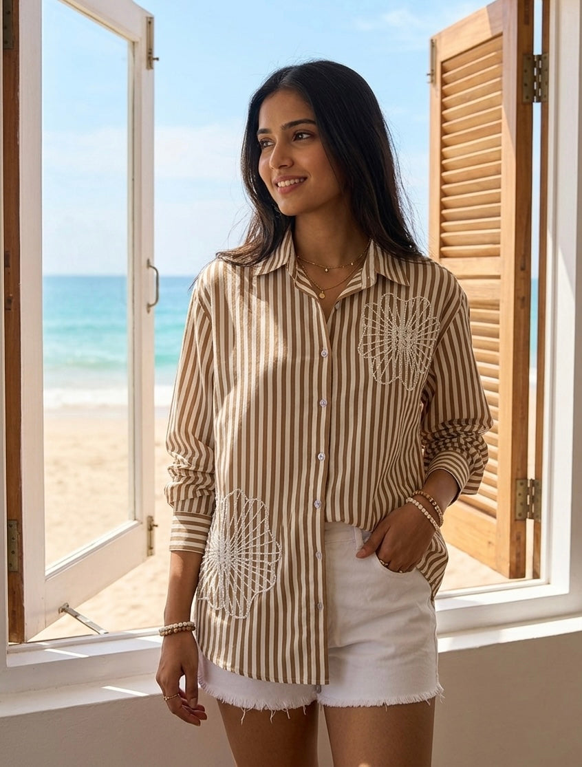 BROWN STRIPED SHIRT WITH PEARL EMBROIDERY BESU INDIA