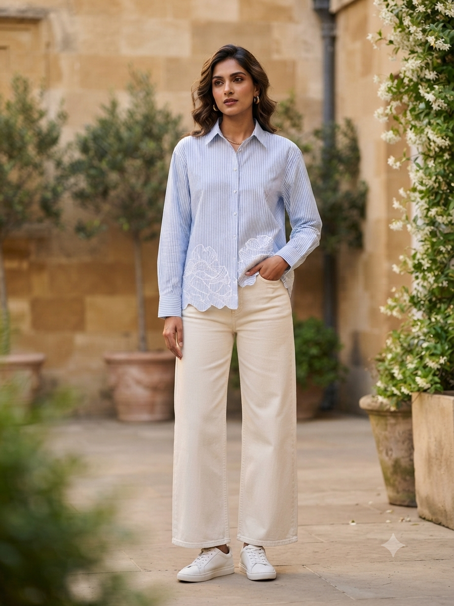 LIGHT BLUE STRIPED CUTWORK SHIRT BESU INDIA