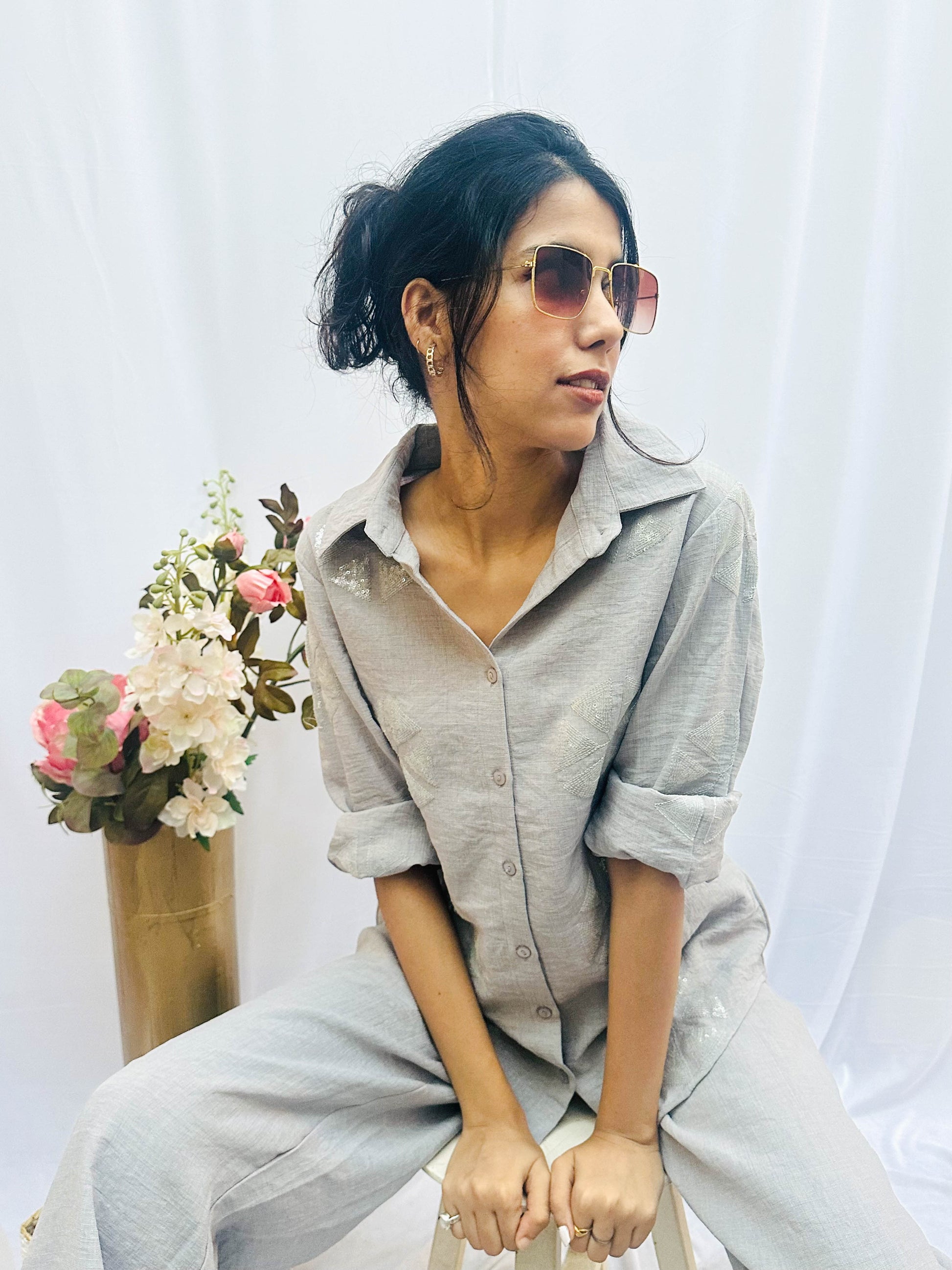 LIGHT GREY SEQUINS LINEN CO-ORD BESU INDIA