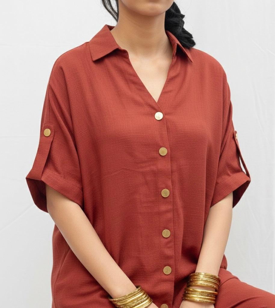 DEEP BURNT ORANGE CO-ORD SET WITH GOLD BUTTONS BESU INDIA