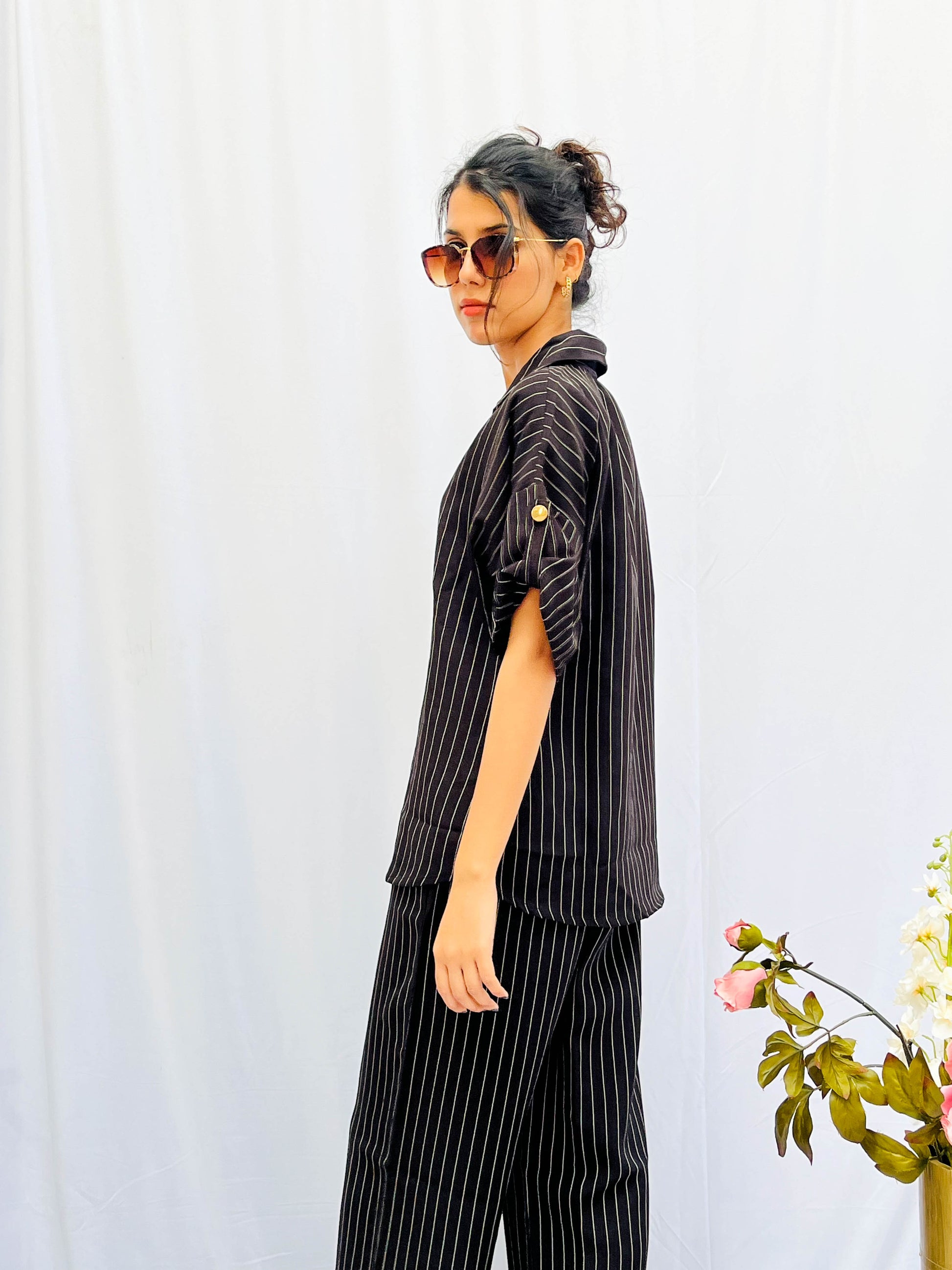 WHITE STRIPES ON BLACK LINEN CO-ORDS BESU INDIA