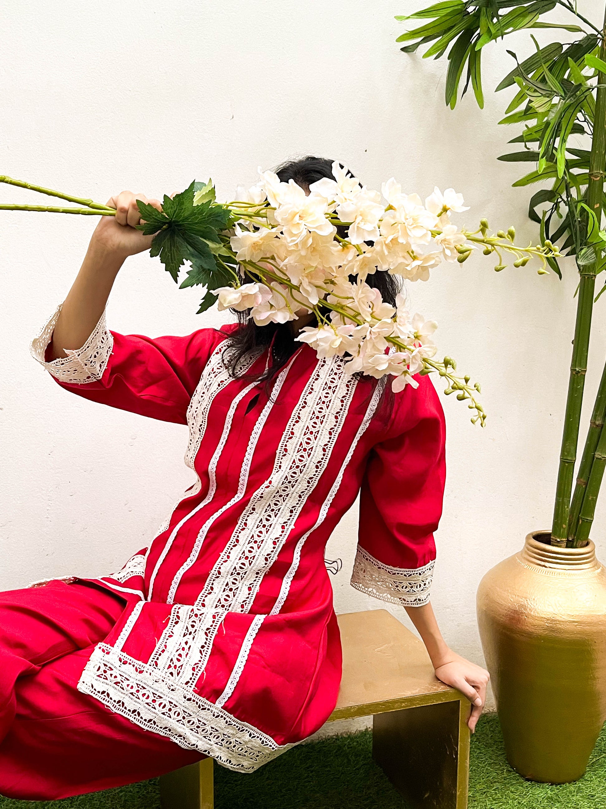 DEEP RED LACE WORKED KURTA / CO-ORD SET BESU INDIA