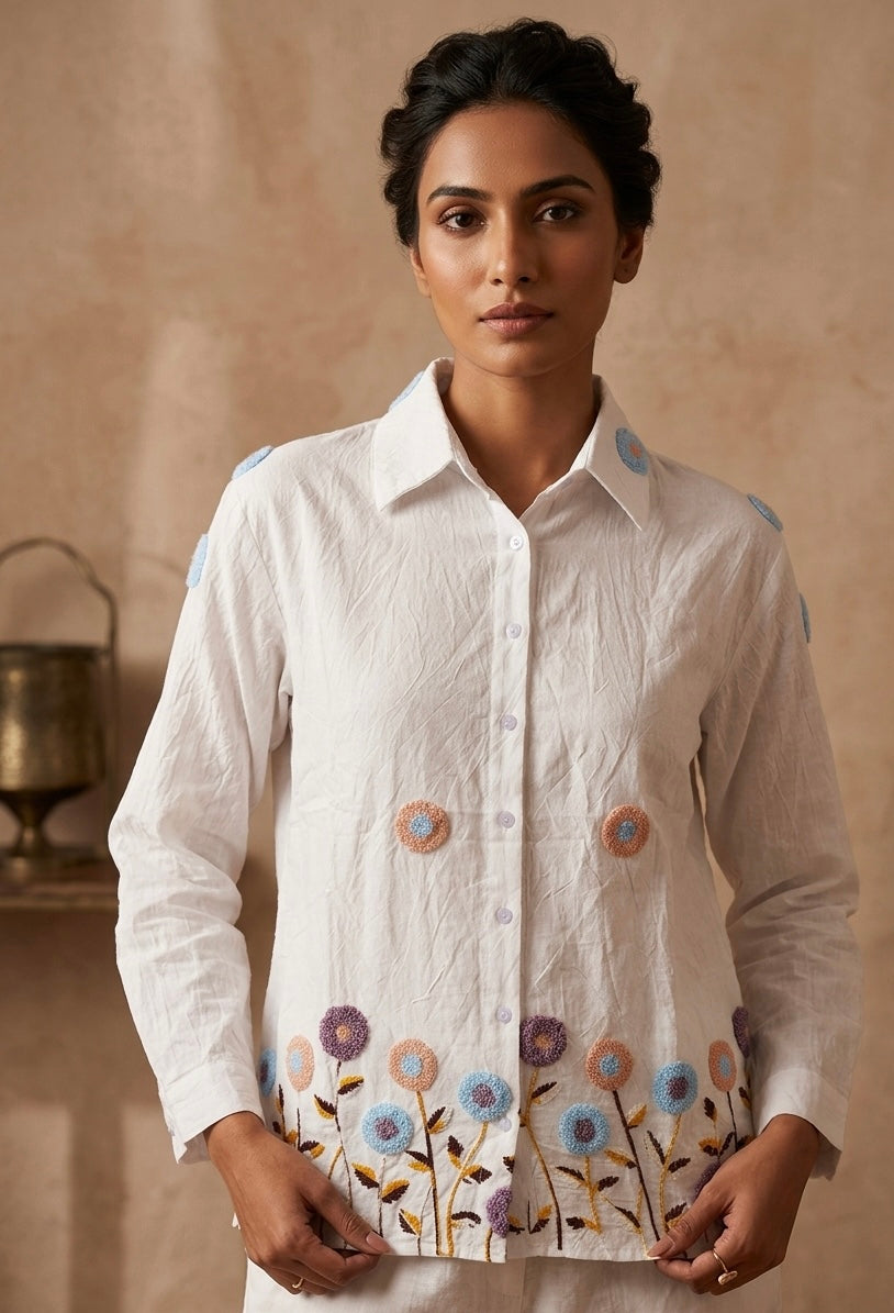 ARTISANAL BLOOM WHITE LINEN BLEND SHIRT BESU INDIA