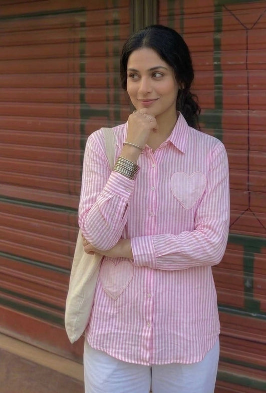WHITE AND PINK STRIPED SHIRT WITH HEART PATCHWORK BESU INDIA